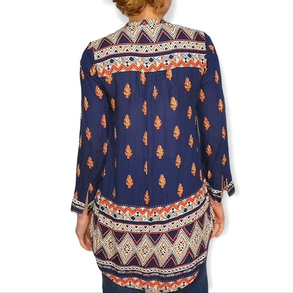 Lucky Brand Boho Tunic Small Blue Printed Boho V Neck - Picture 3 of 6